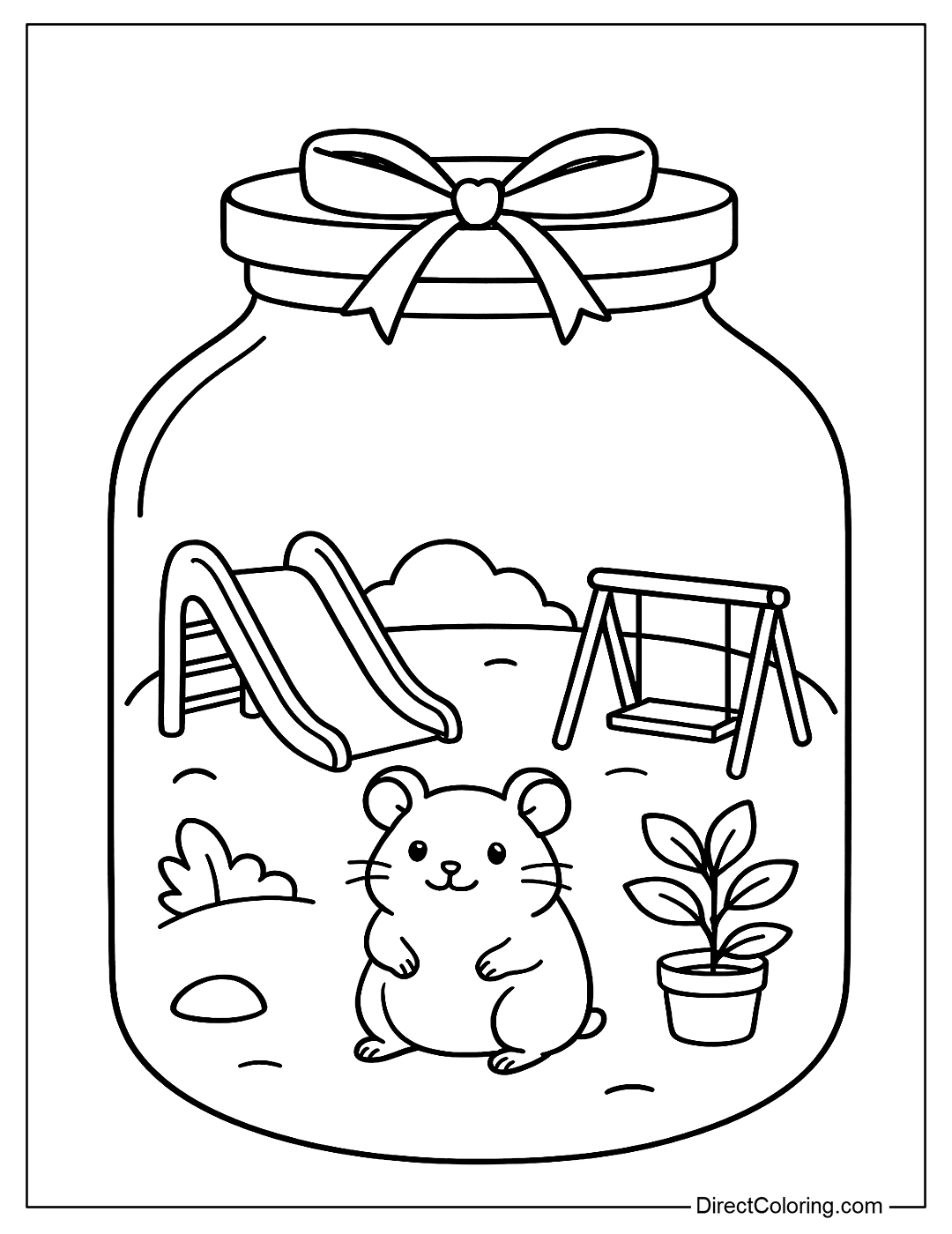 A hamster in a jar, with a slide, swing, and small green plants